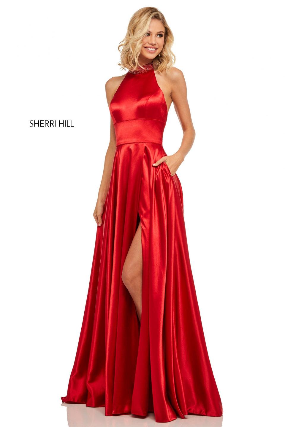 Sherri Hill Satin High-neck Halter Top Gown With Jewel Encrusted Neckline And Skirt Slit