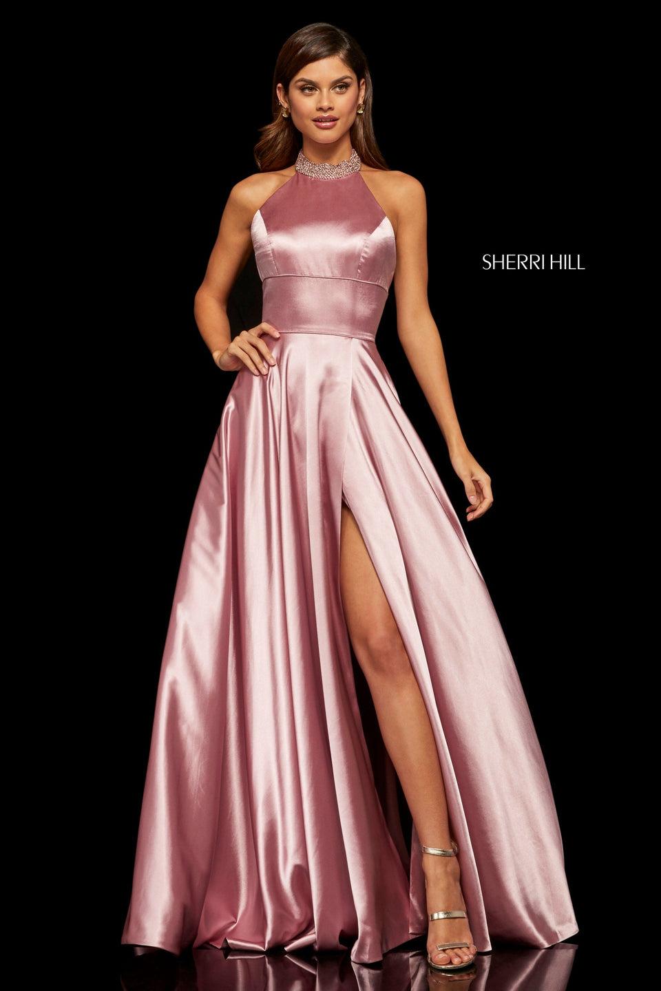 sherri hill Satin high-neck halter top gown with jewel encrusted neckline and skirt slit