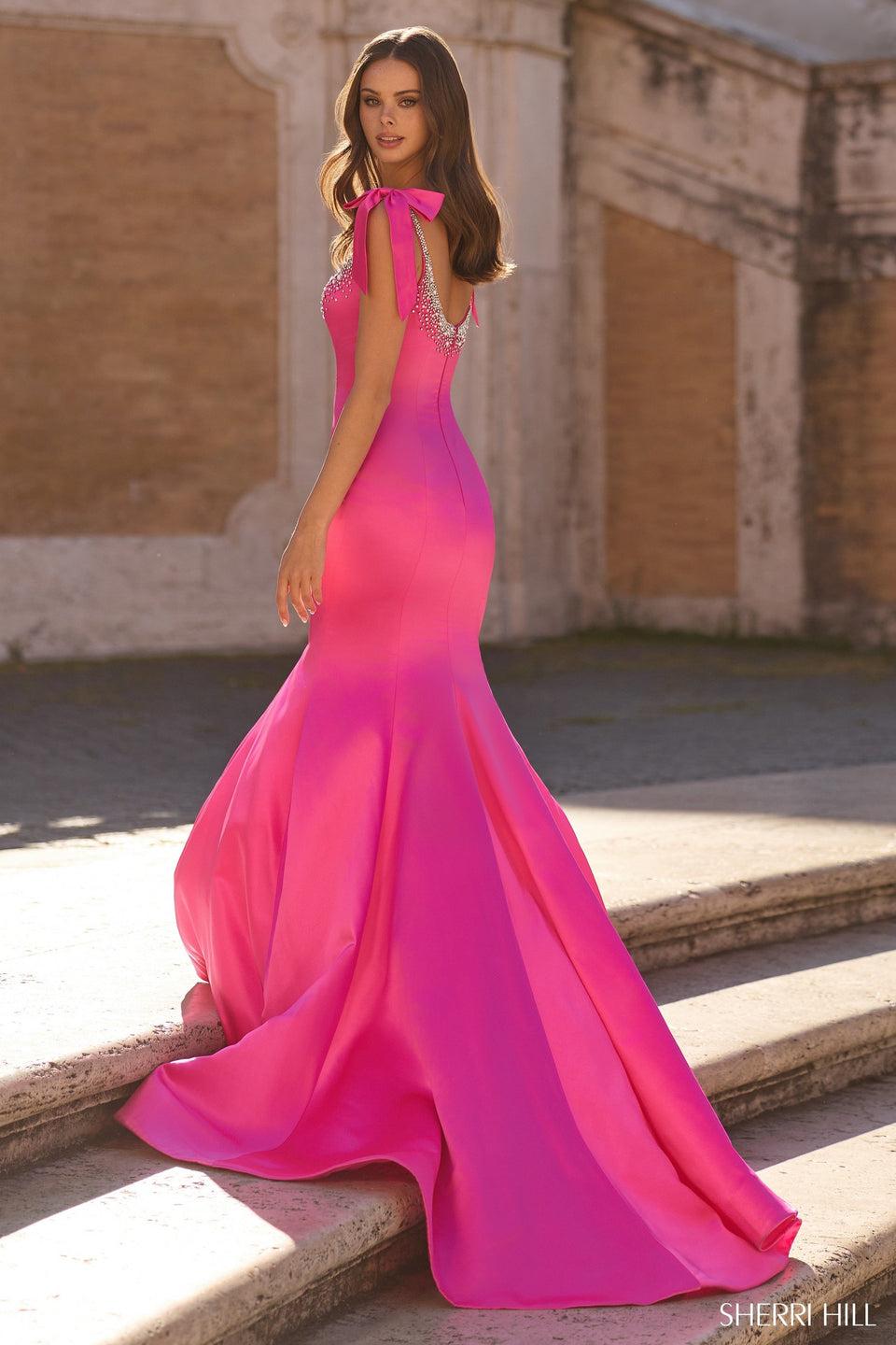 Sherri Hill Satin Mermaid Dress With Bow And Bead Embellishments