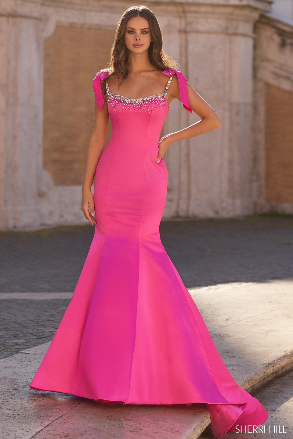 Sherri Hill Satin Mermaid Dress With Bow And Bead Embellishments