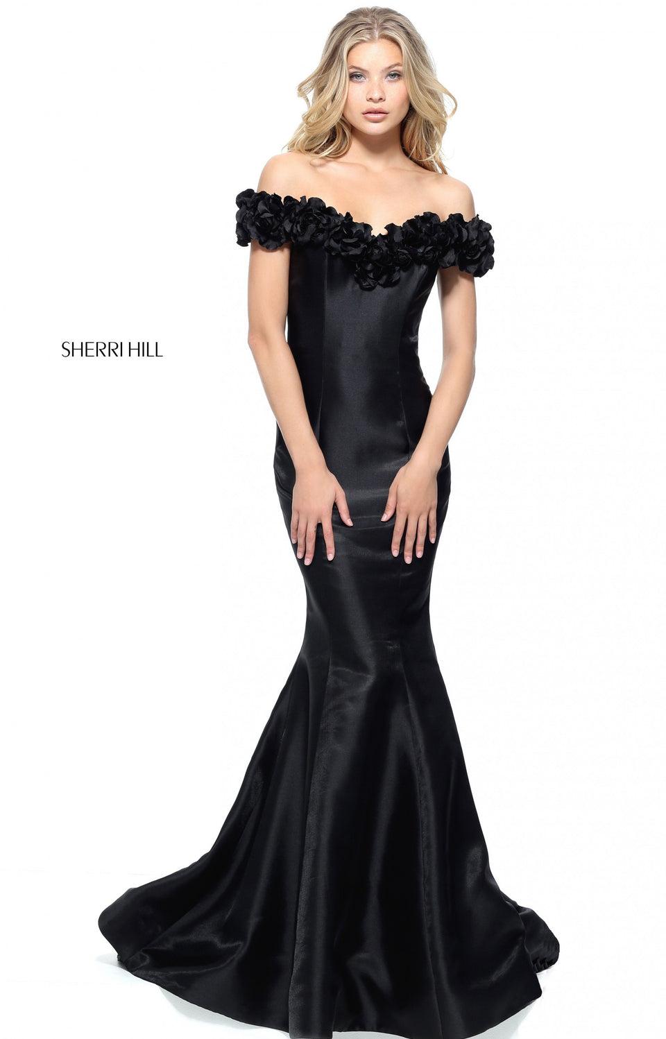 Sherri Hill Satin Mermaid Gown With A 3D Flower Off-the-shoulder Bodice