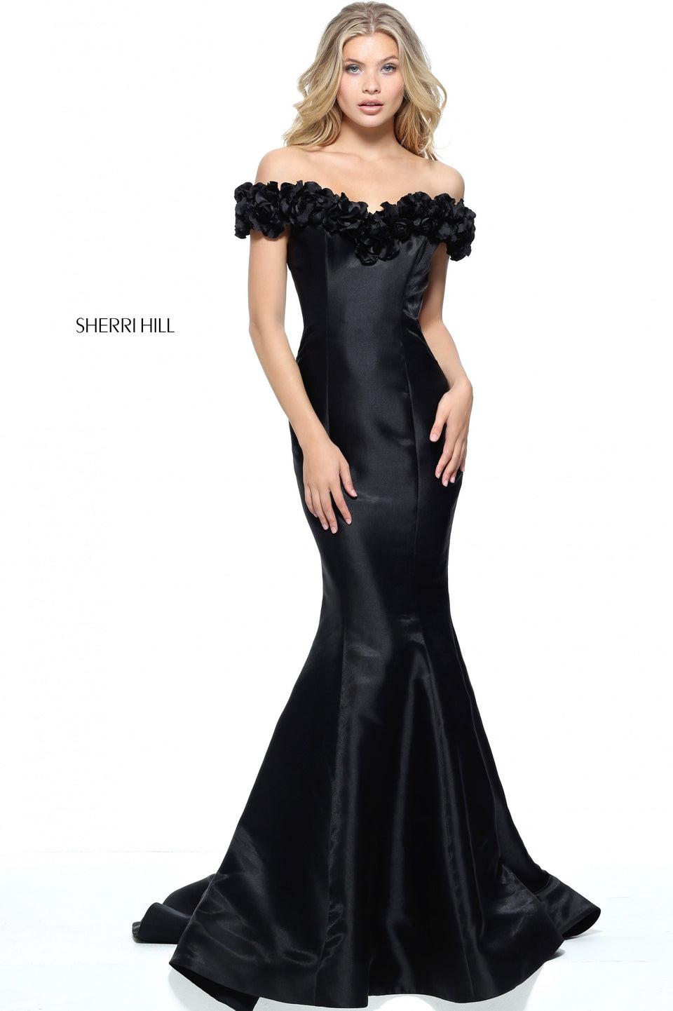 sherri hill Satin mermaid gown with a 3D flower off-the-shoulder bodice