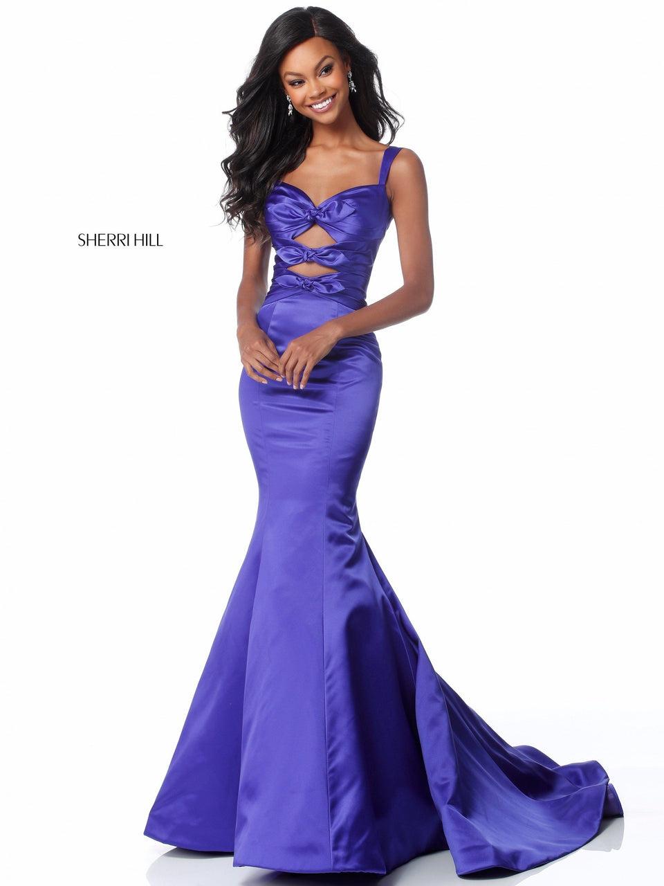 sherri hill Satin mermaid gown with cut outs and bows on bodice