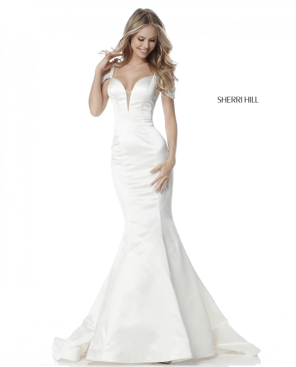 sherri hill Satin mermaid gown with sweetheart bodice and beaded off-the-shoulder straps