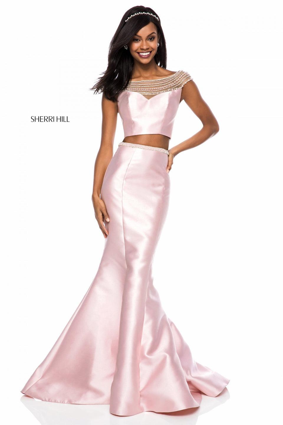 sherri hill Satin mermaid two piece with bead and pearl encrusted neckline sherri hill Satin mermaid two piece with bead and pearl encrusted neckline