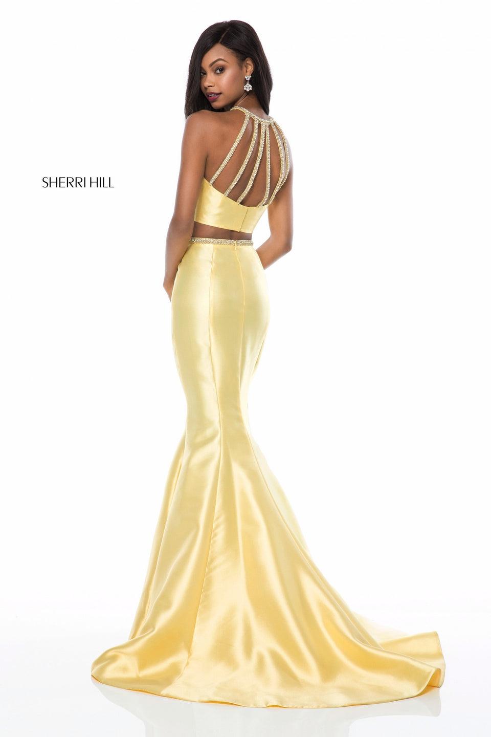 Sherri Hill Satin Mermaid Two Piece With Bead Encrusted Neck And Belt