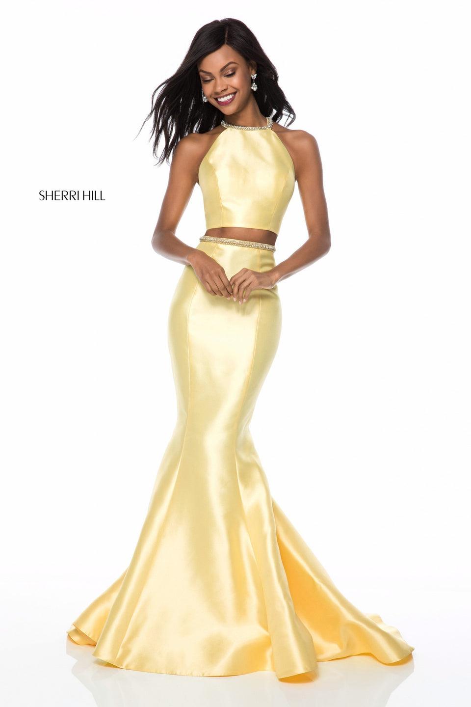 sherri hill Satin mermaid two piece with bead encrusted neck and belt sherri hill Satin mermaid two piece with bead encrusted neck and belt