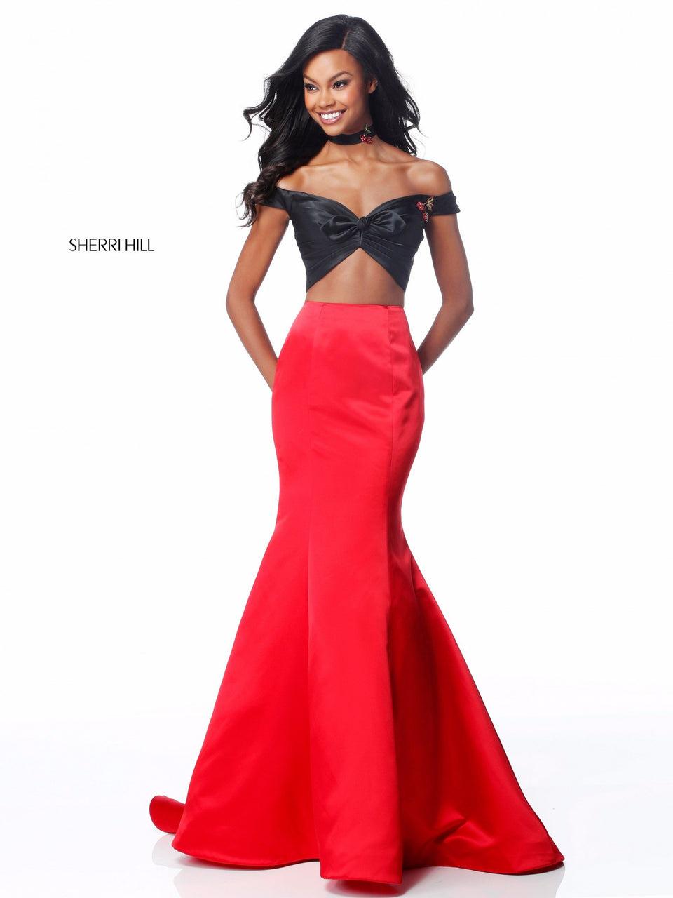 Sherri Hill Satin Mermaid Two Piece With Front Cross Bodice And Cherry Detail On Choker Or Headband