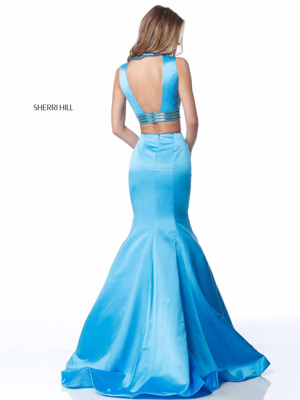 Sherri Hill Satin Mermaid Two Piece With Front Cut Out Bodice And Bead Encrusted Neckline And Belt