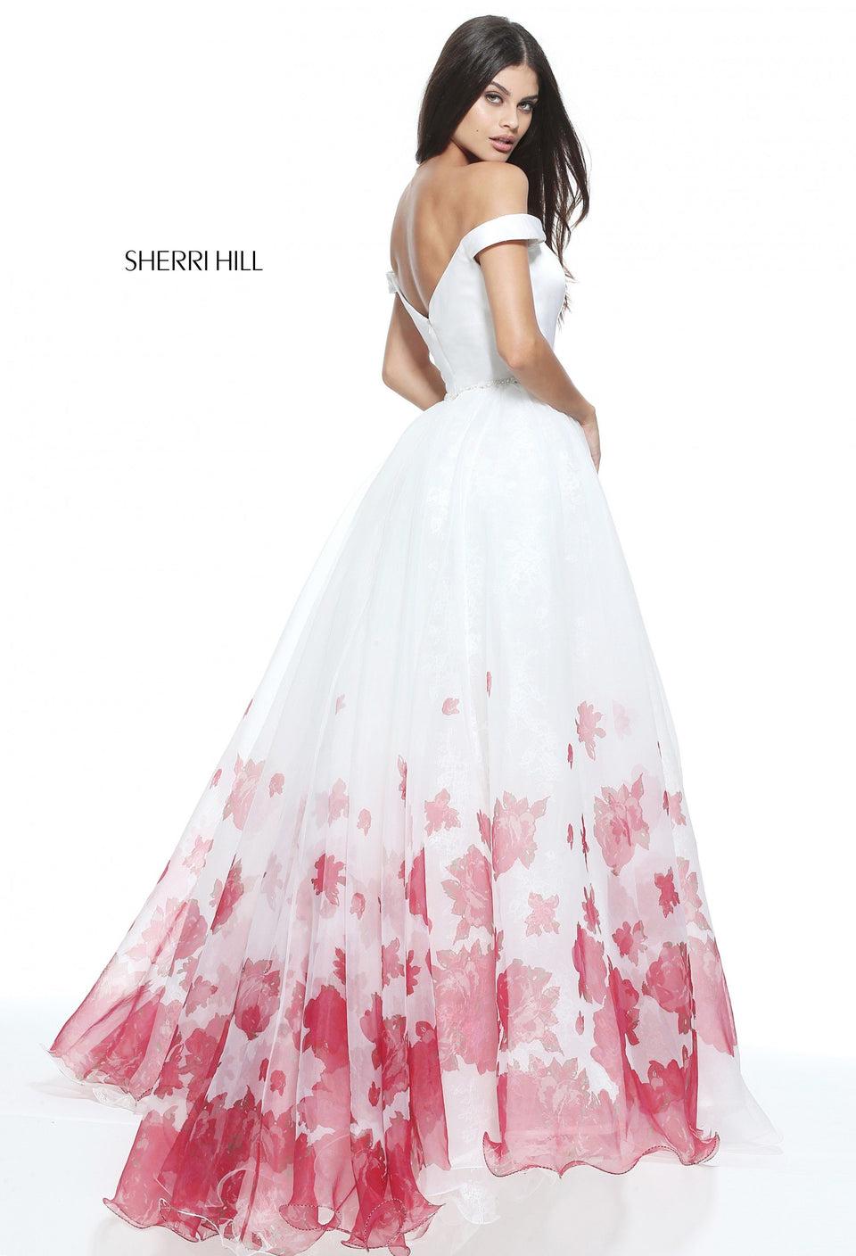 Sherri Hill Satin Off-the-shoulder Column Gown With An Organza Floral Border Print Over Skirt