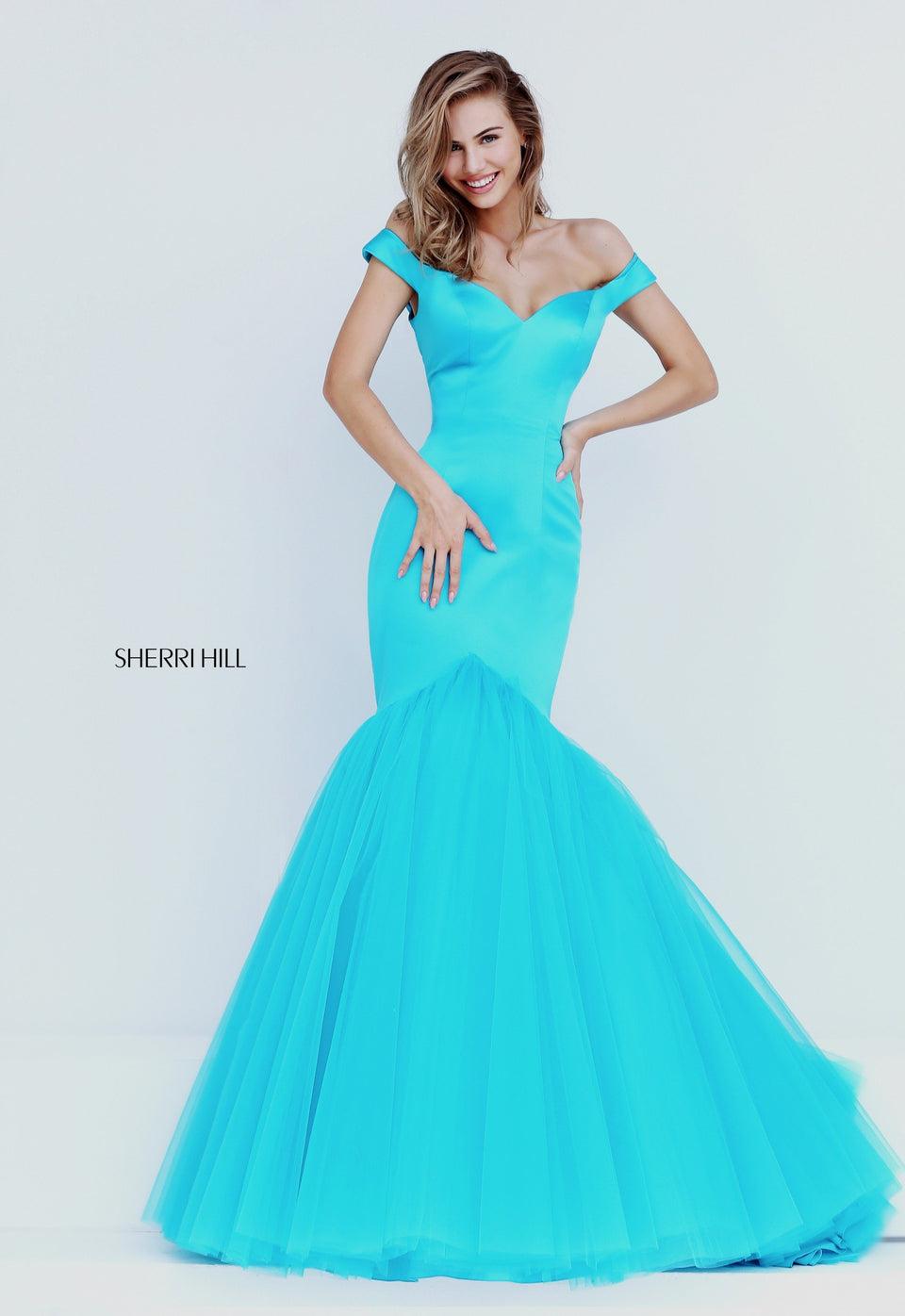 Sherri Hill Satin Off-the-shoulder Mermaid Dress With Tulle Skirt