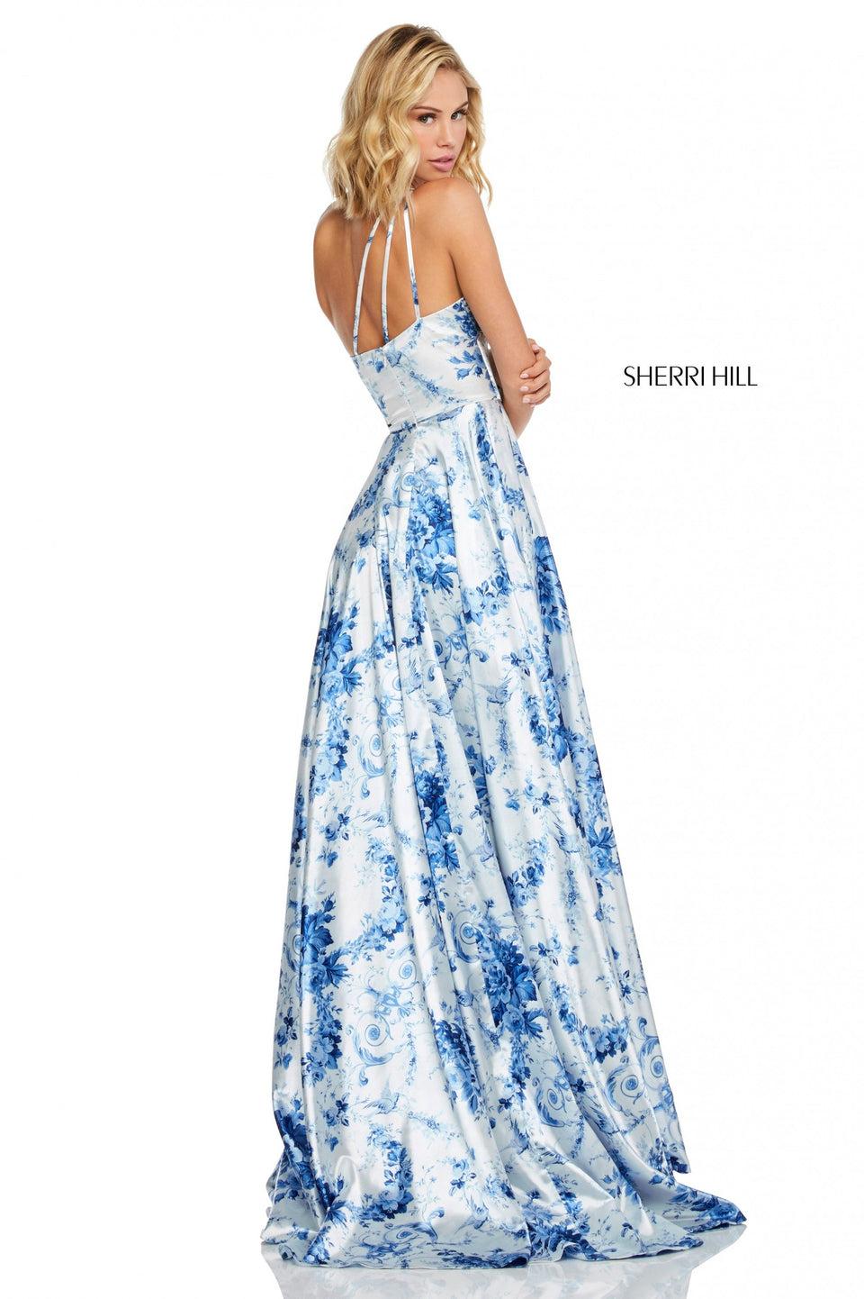 Sherri Hill Satin One-shoulder Blue And Ivory Print A-line With Skirt Slit