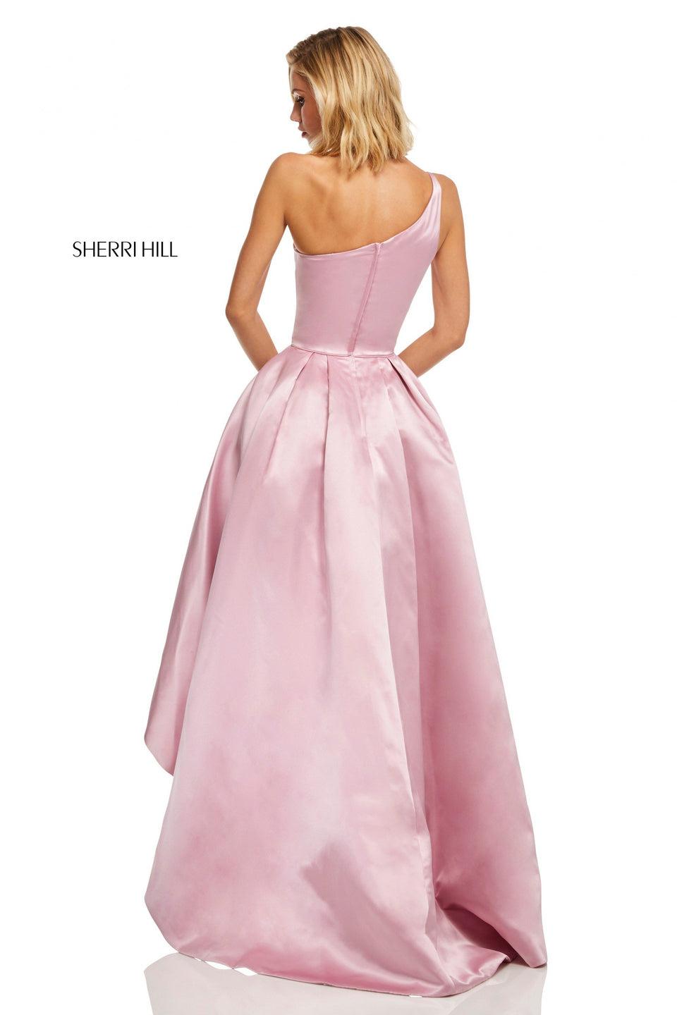 Sherri Hill Satin One-shoulder High-low With Jewel Encrusted Pockets