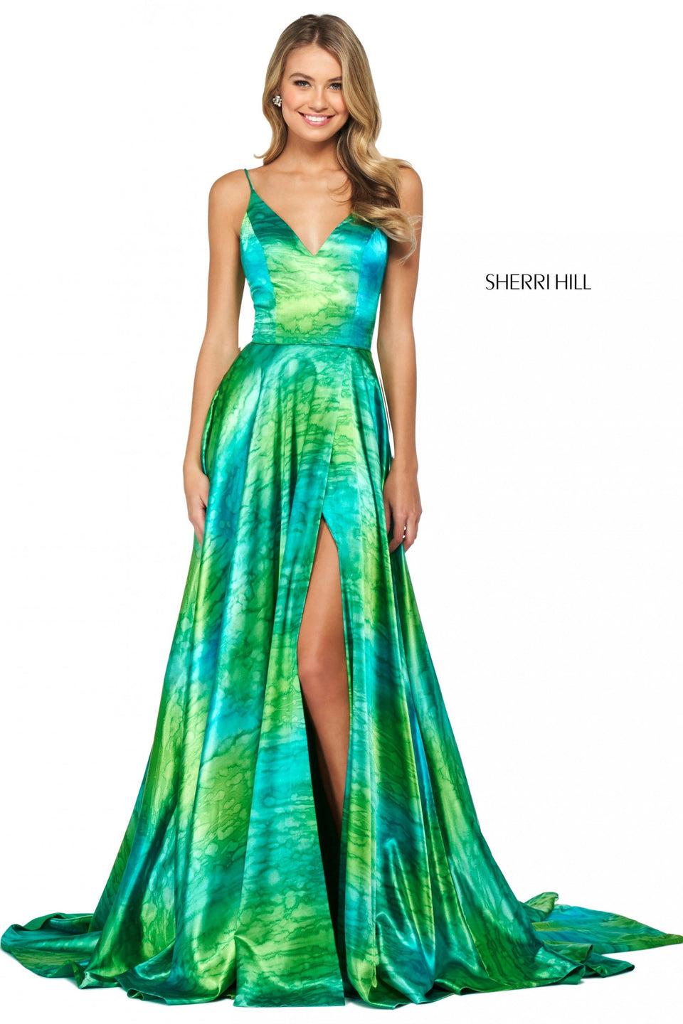 sherri hill Satin print gown with skirt slit and sweetheart neckline