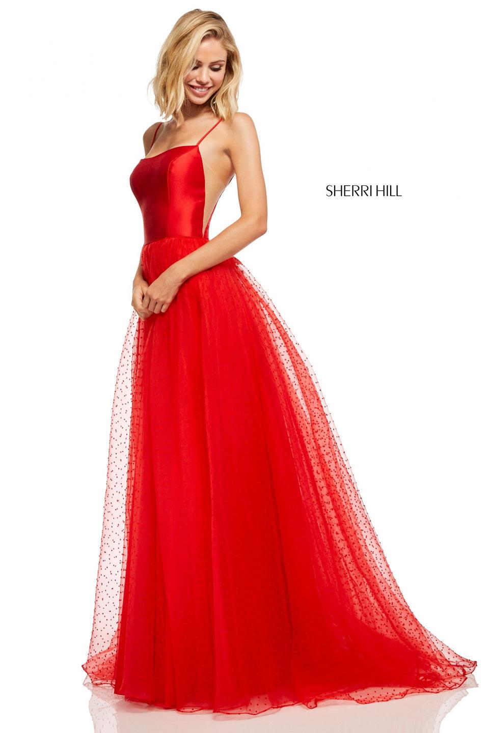 sherri hill Satin spaghetti strap bodice with A-line point desprit skirt