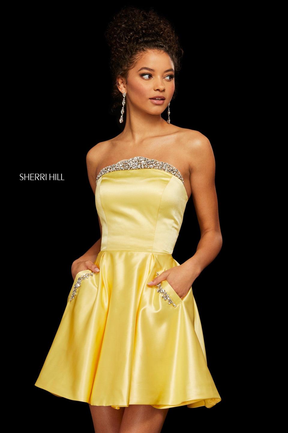 Sherri Hill Satin Strapless A-line Cocktail With Jeweled Neckline And Pockets