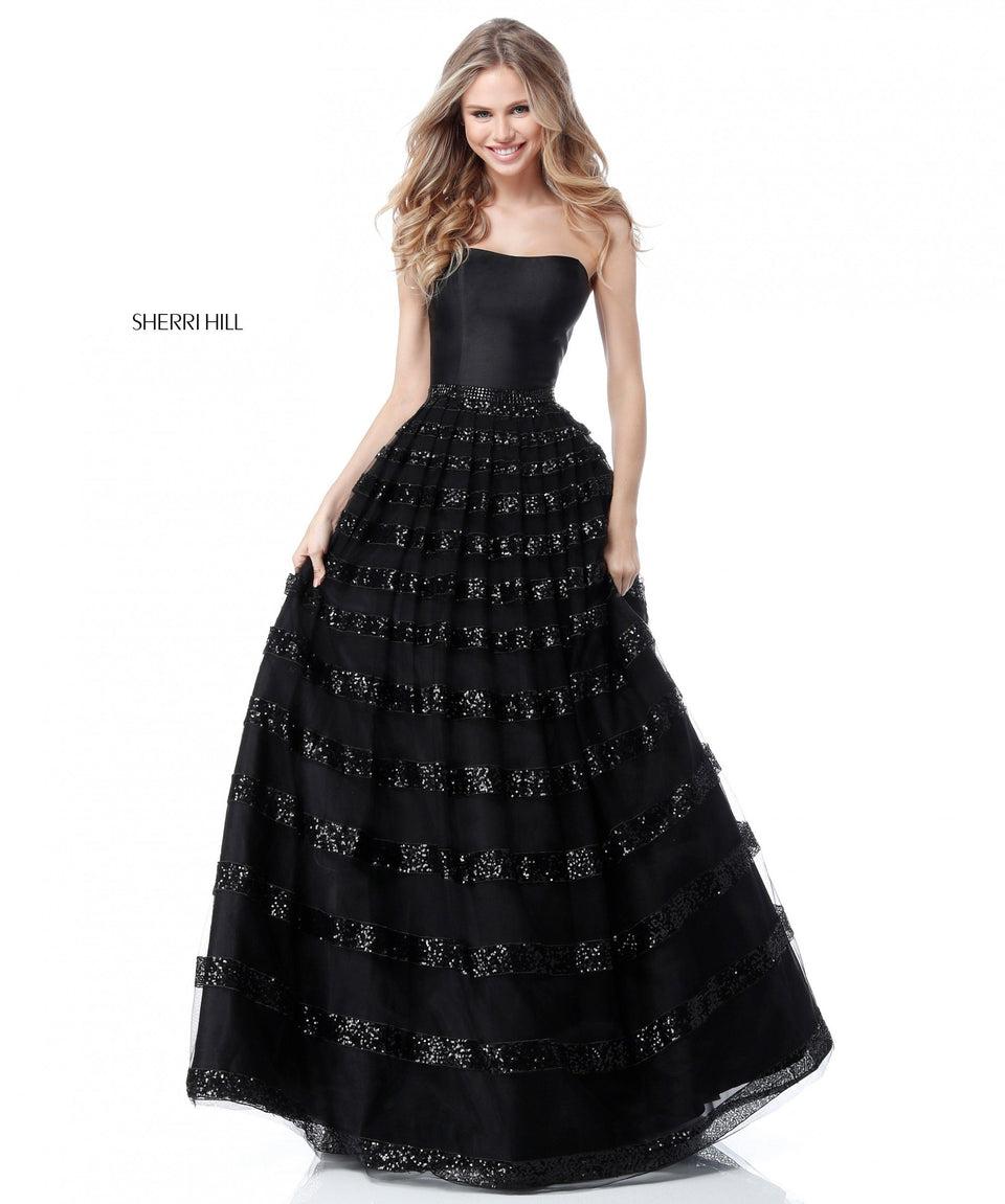 sherri hill Satin strapless bodice with sequin striped tulle ball gown skirt