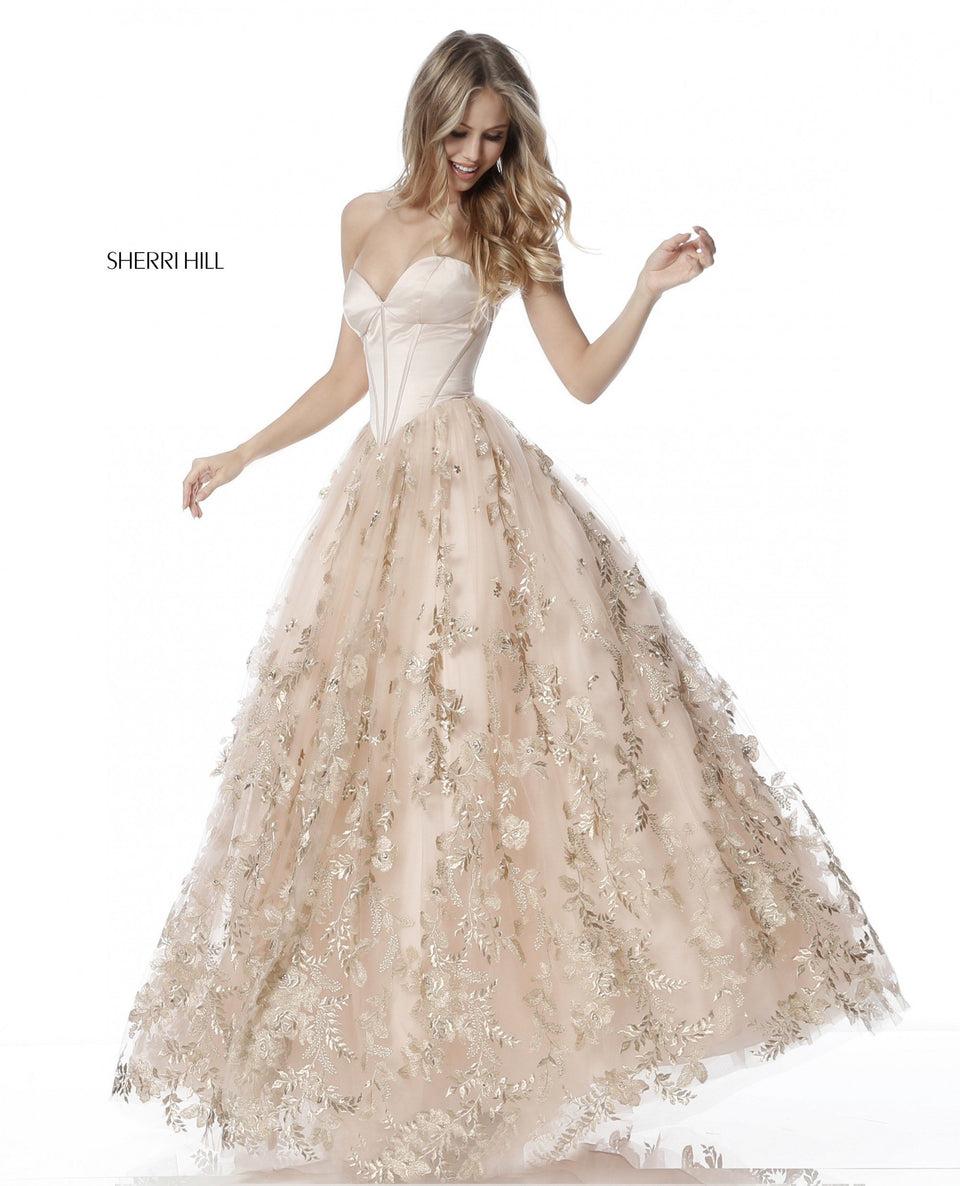 Sherri Hill Satin Sweeheart Corset Bodice With Tulle Ball Gown Skirt And Floral Appliques