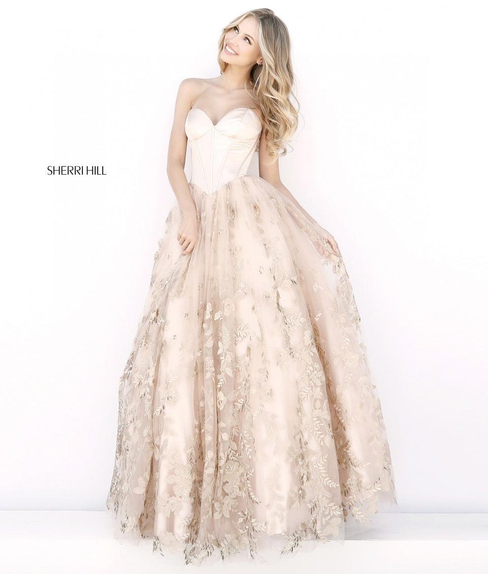Sherri Hill Satin Sweeheart Corset Bodice With Tulle Ball Gown Skirt And Floral Appliques