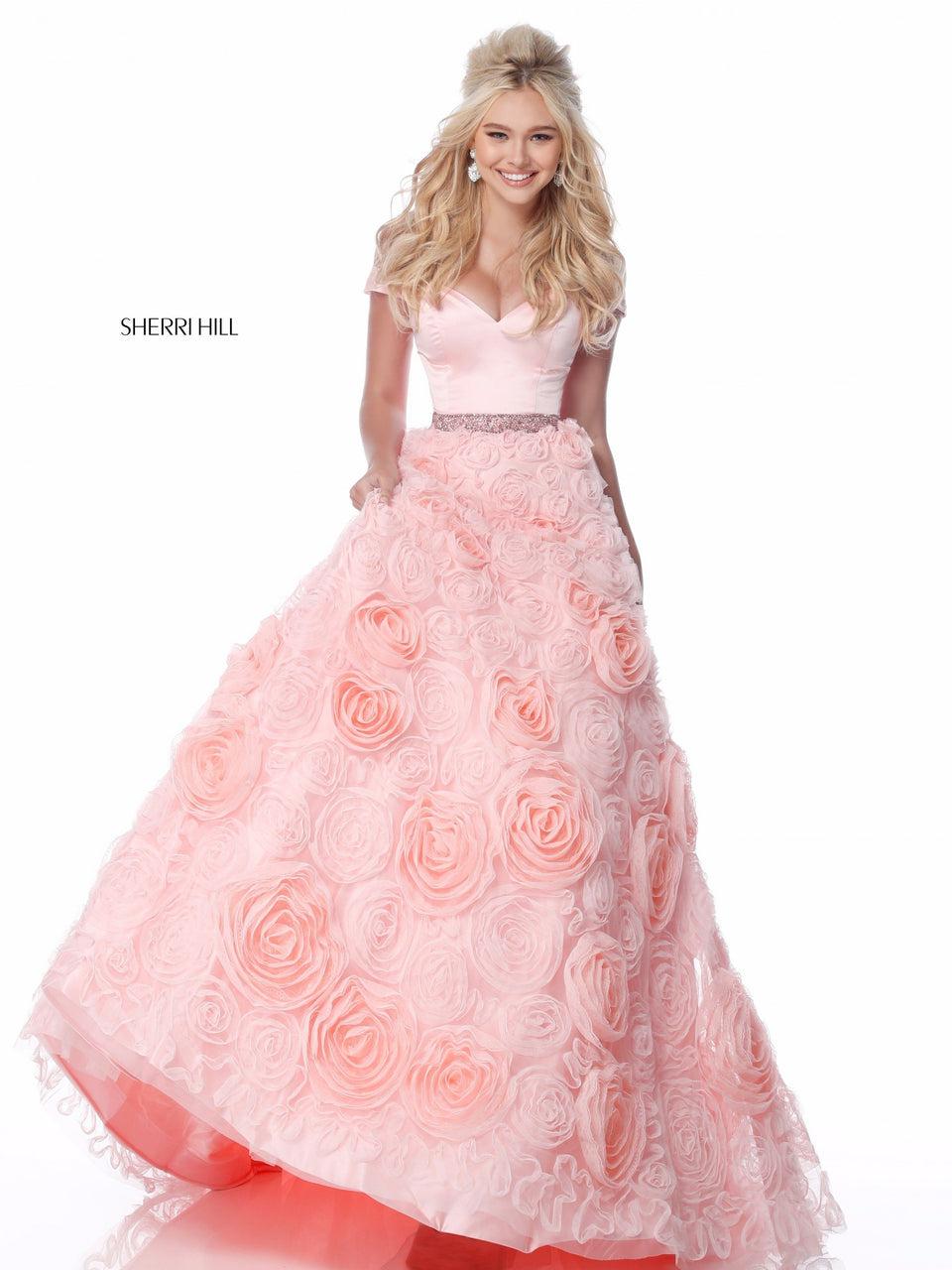 Sherri Hill Satin Sweetheart Bodice With Off-the-shoulder Straps And Rose Appliqued Ball Gown Skirt