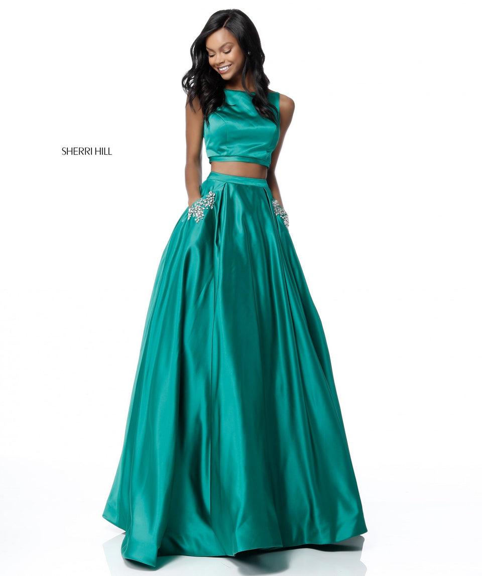 Sherri Hill Satin Two Piece Ball Gown With Beaded Detail On Pockets