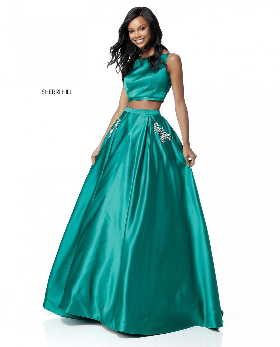 Sherri Hill Satin Two Piece Ball Gown With Beaded Detail On Pockets