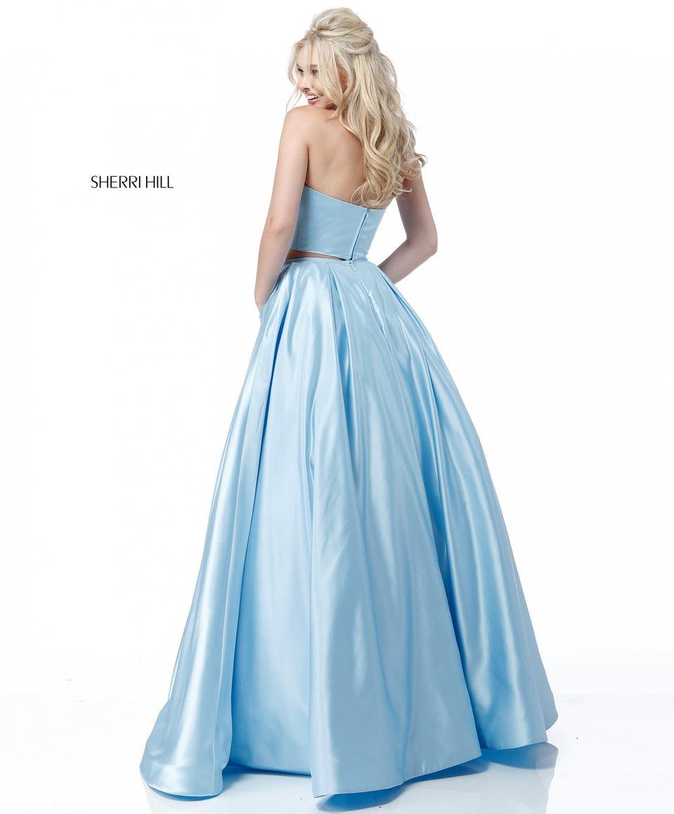 Sherri Hill Satin Two Piece Ball Gown With Strapless Bodice And Beaded Detail On Pockets