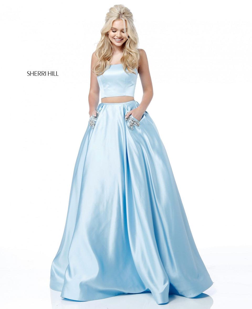sherri hill Satin two piece ball gown with strapless bodice and beaded detail on pockets