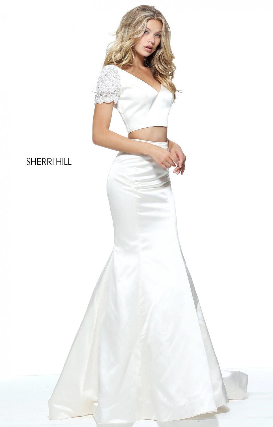 Sherri Hill Satin Two-piece Mermaid With A Short Sleeve Bodice And Beaded Sleeves
