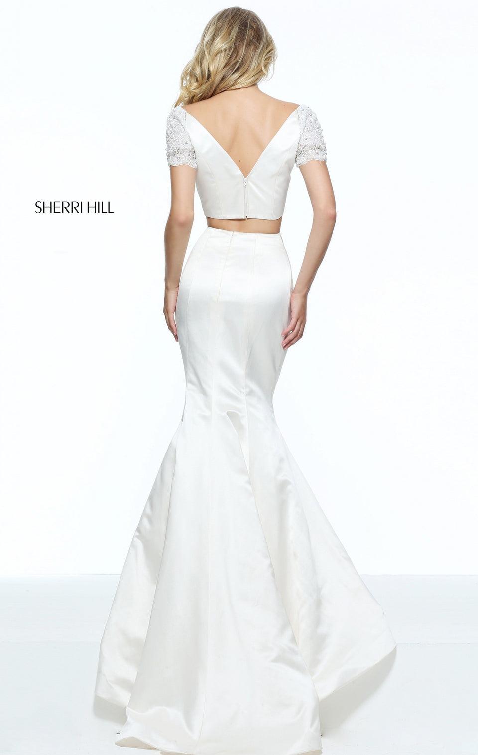 Sherri Hill Satin Two-piece Mermaid With A Short Sleeve Bodice And Beaded Sleeves