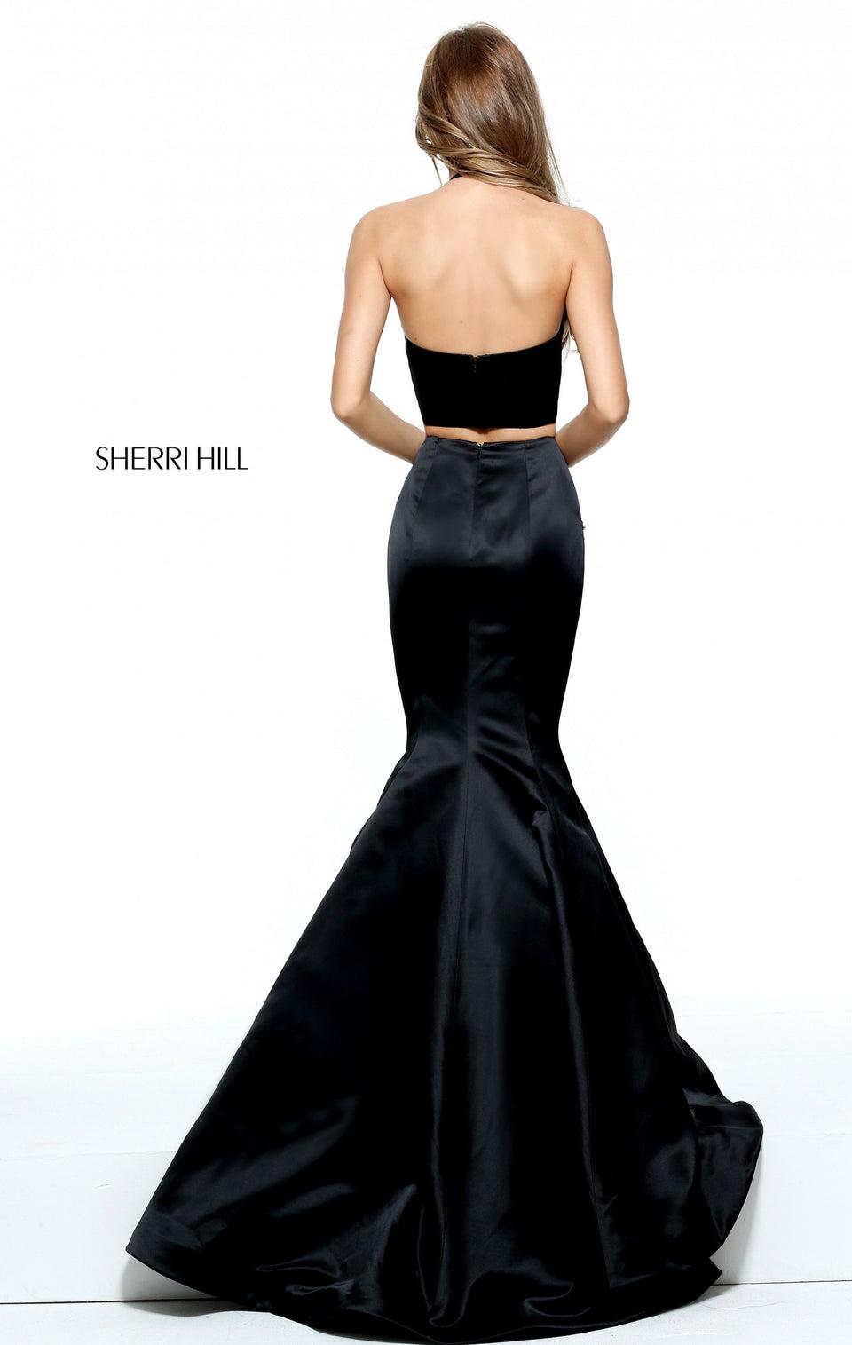 Sherri Hill Satin Two Piece Mermaid With Halter Style Top And Embellished Pockets