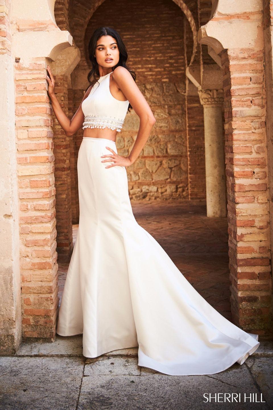 sherri hill Satin two piece with bead and pearl encrusted bodice and mermaid skirt