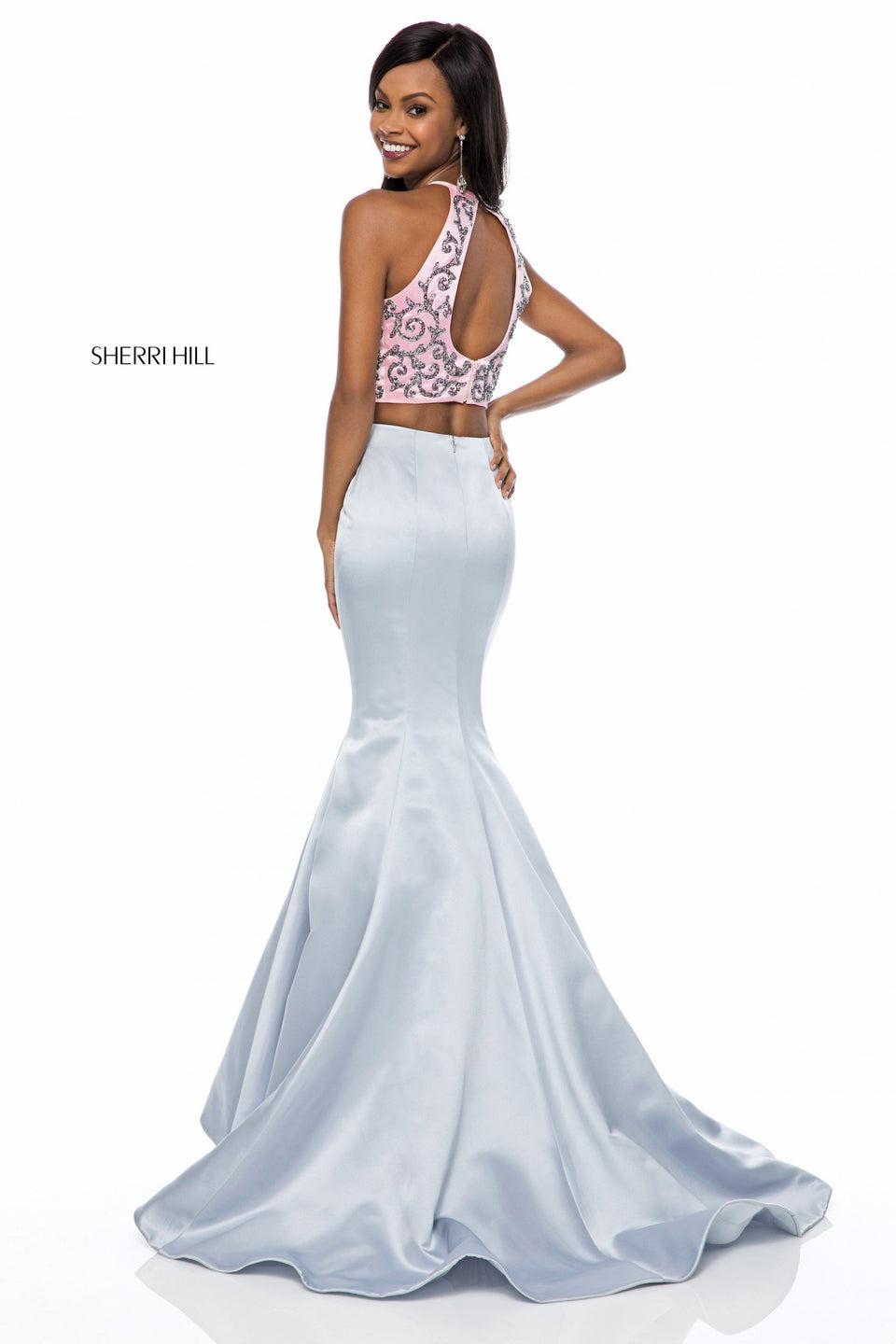 Sherri Hill Satin Two Piece With Beaded Bodice Open Back And Mermaid Skirt