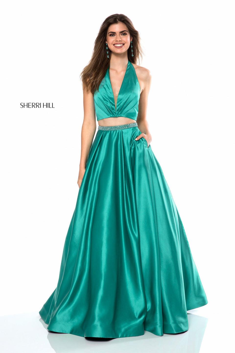 sherri hill Satin two piece with deep V halter bodice and ball gown skirt with bead encrusted belt