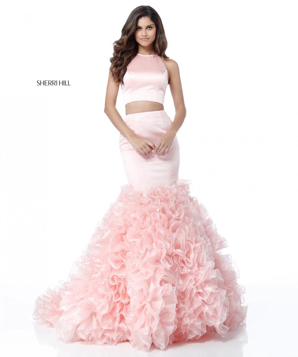 sherri hill Satin two piece with open back and ruffled tulle mermaid skirt