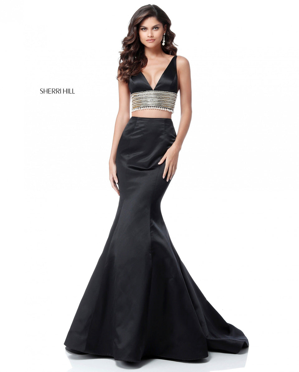 Sherri Hill Satin Two Piece With V Neck Pearl Encrusted Bodice And Mermaid Skirt