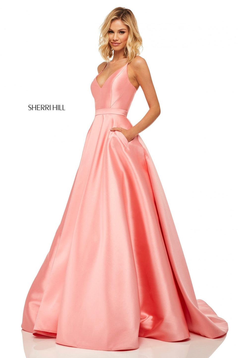 Sherri Hill Satin V-neck Ball Gown With Lace Up Back