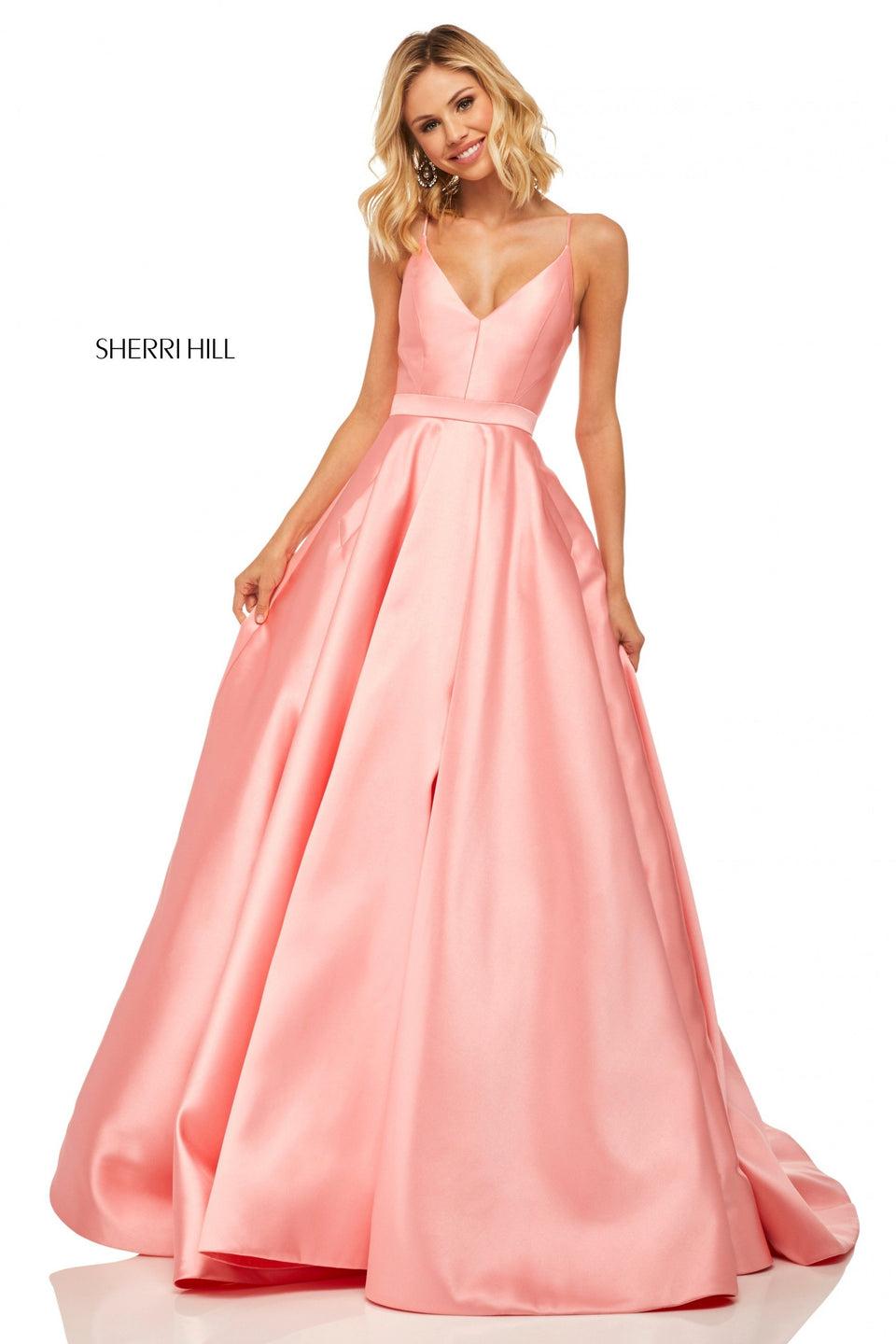 Sherri Hill Satin V-neck Ball Gown With Lace Up Back
