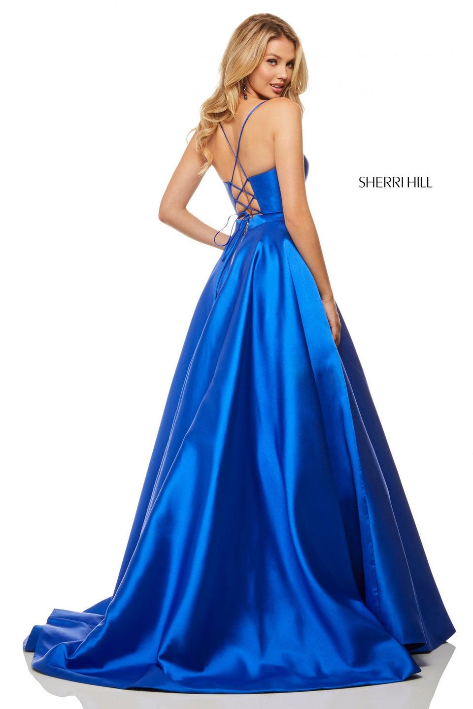 sherri hill Satin V-neck ball gown with lace up back