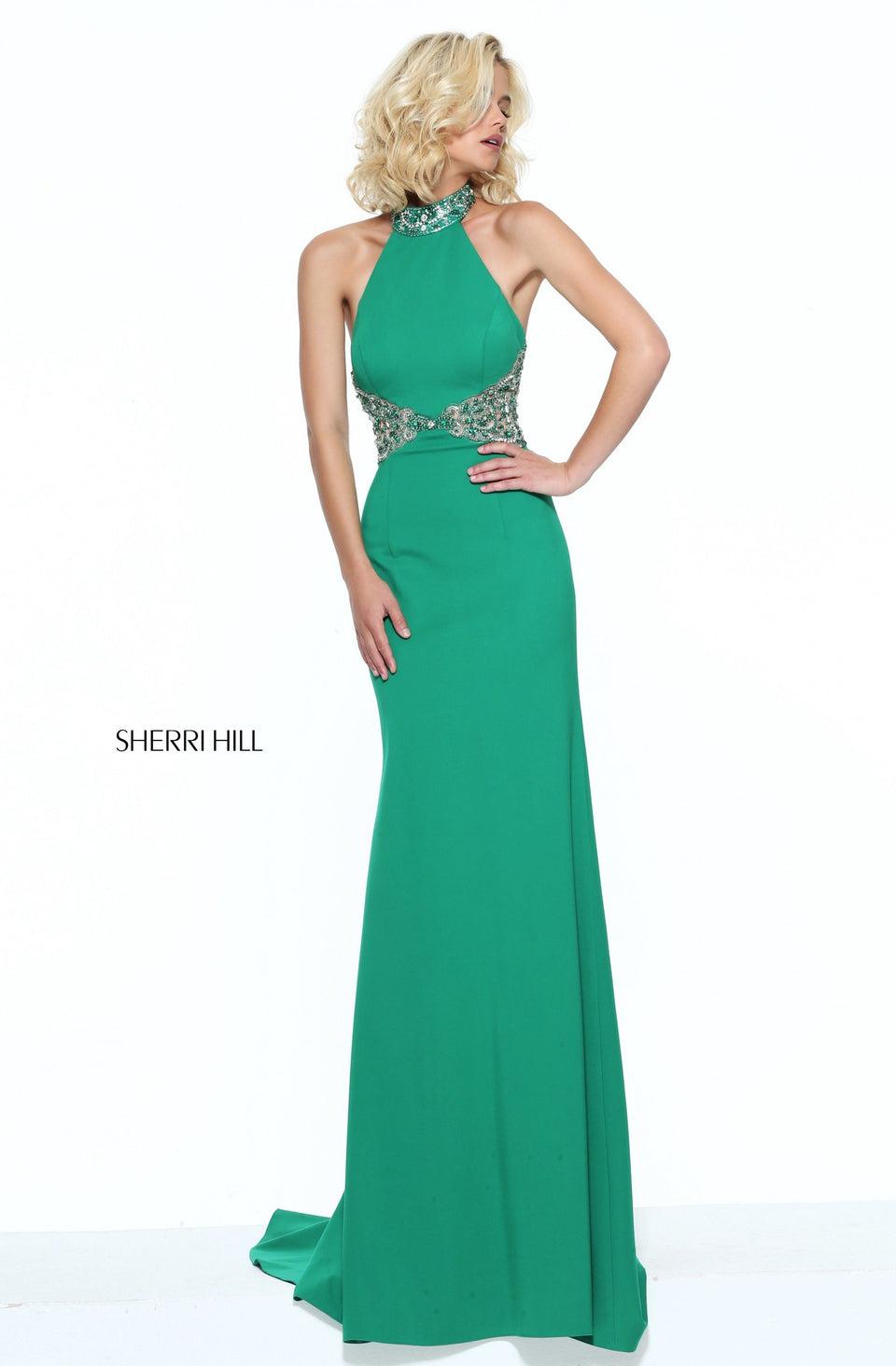 Sherri Hill Scuba High Neck Halter With Beaded Choker And Back Detail
