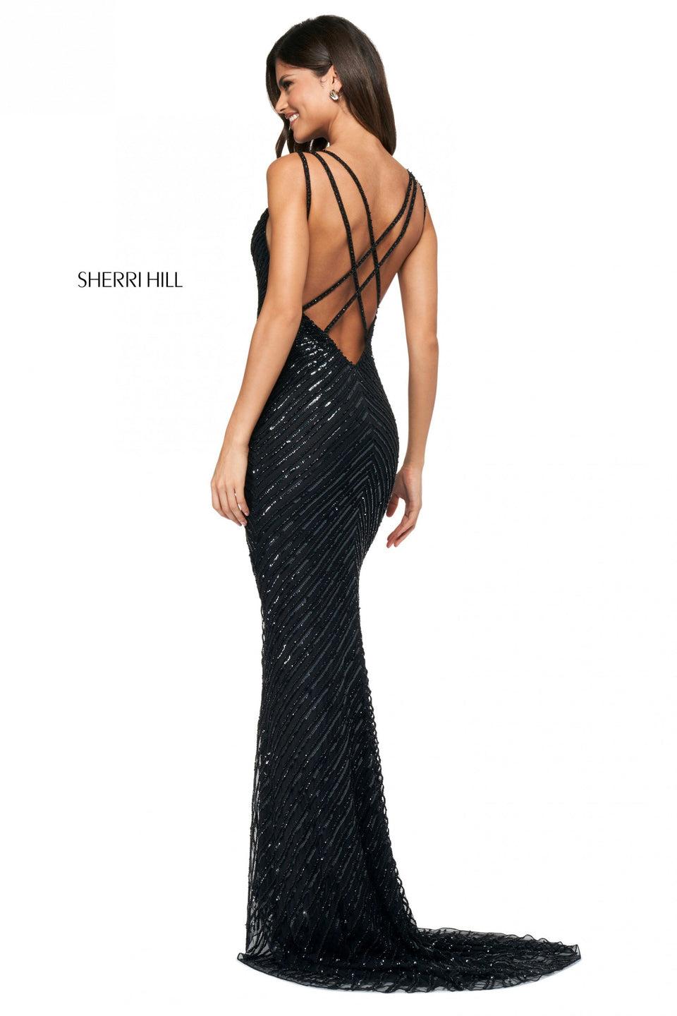 sherri hill Sequin and beaded fitted gown with a V neckline and open strappy back