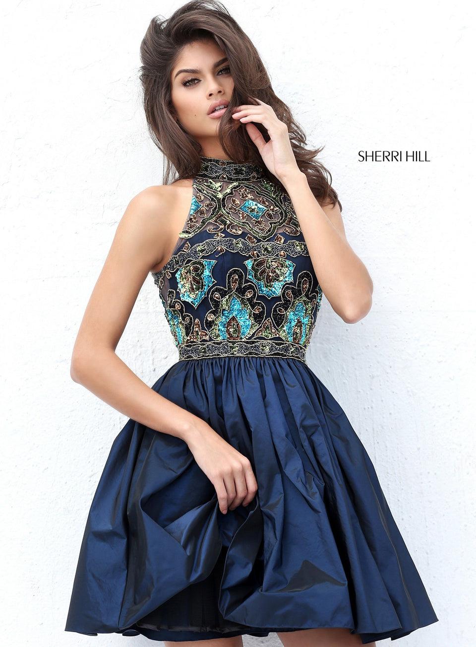 Sherri Hill Sequin And Embroidered High Neck Bodice With Keyhole Back And Taffeta Cocktail Skirt