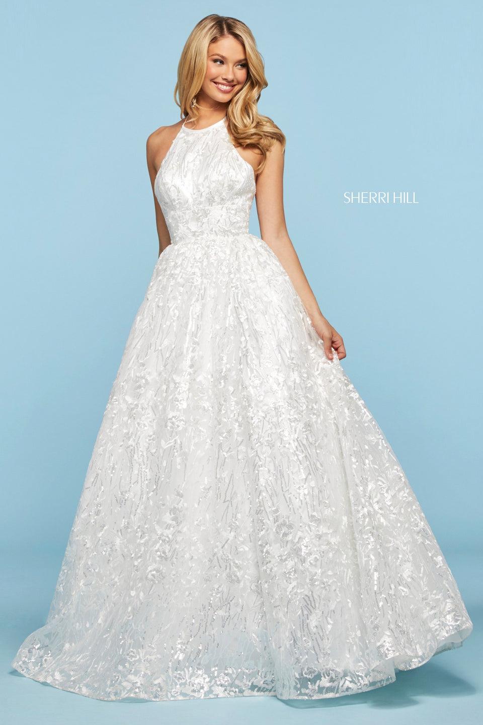Sherri Hill Sequin And Embroidered Organza Ball Gown With High Cut Halter Neckline And Lace Up Back