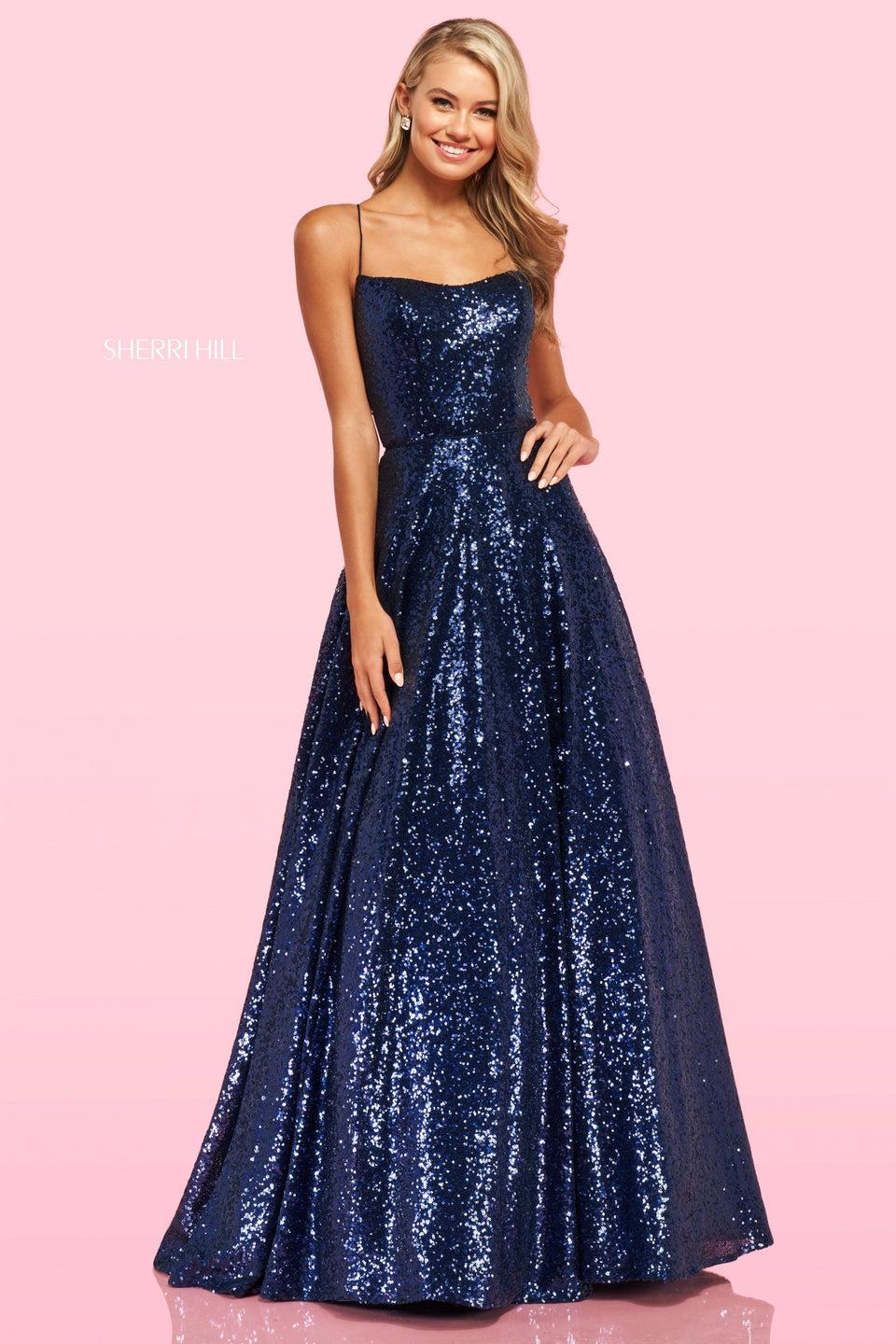 sherri hill Sequin ball gown with A line neckline and thin spaghetti straps sherri hill Sequin ball gown with A line neckline and thin spaghetti straps