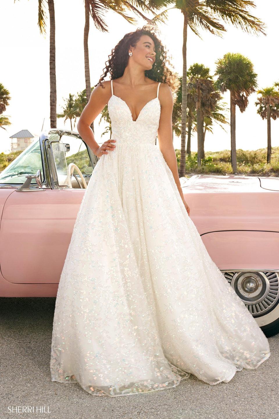 Sherri Hill Sequin Ball Gown With Deep Modified Sweetheart Neckline And Corset Style Back