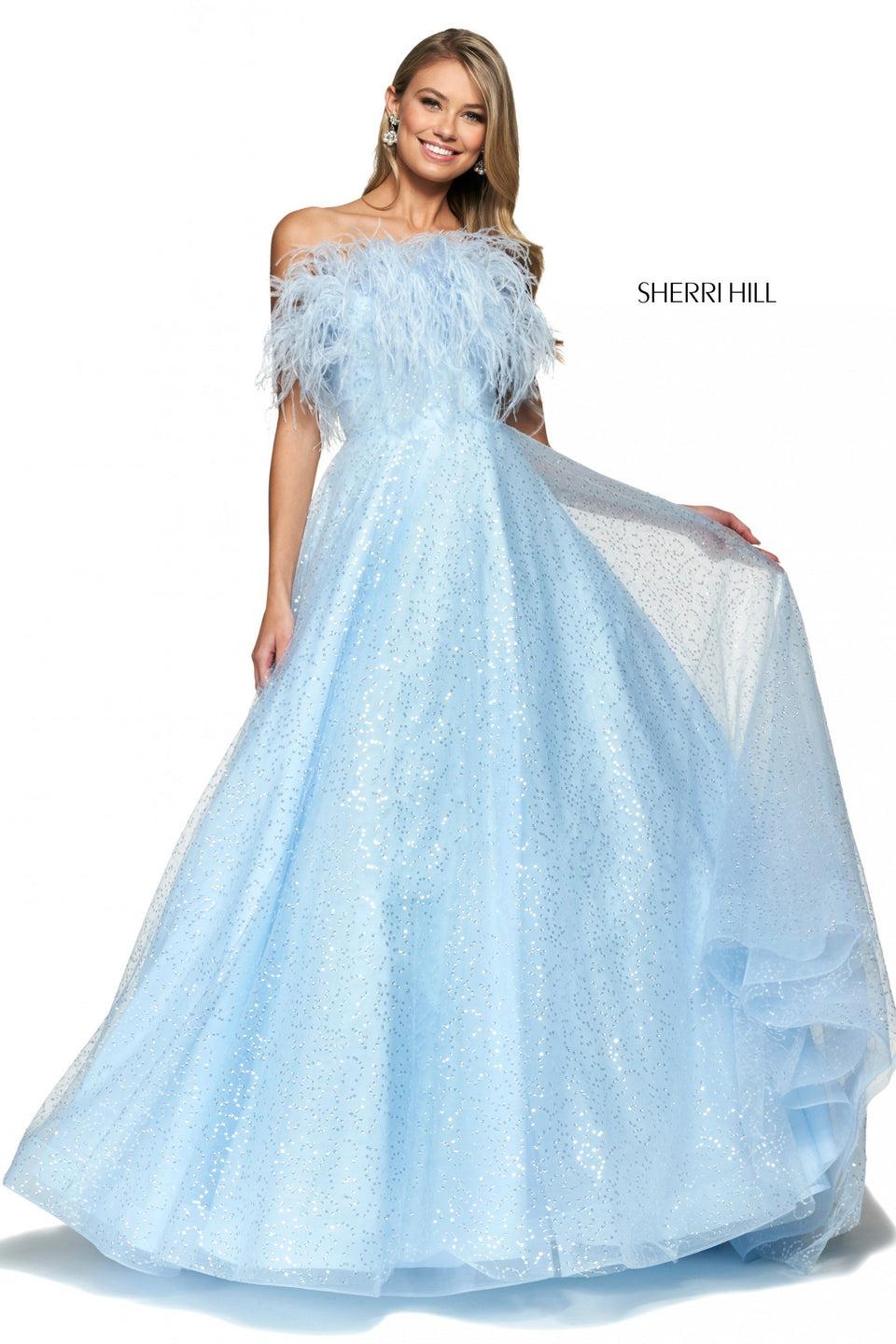 Sherri Hill Sequin Chiffon Ball Gown With Strapless Neckline With Ostrich Feather Neckline