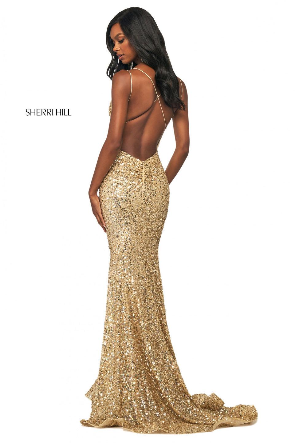 sherri hill Sequin column dress with empire waistline wrap bodice and open back