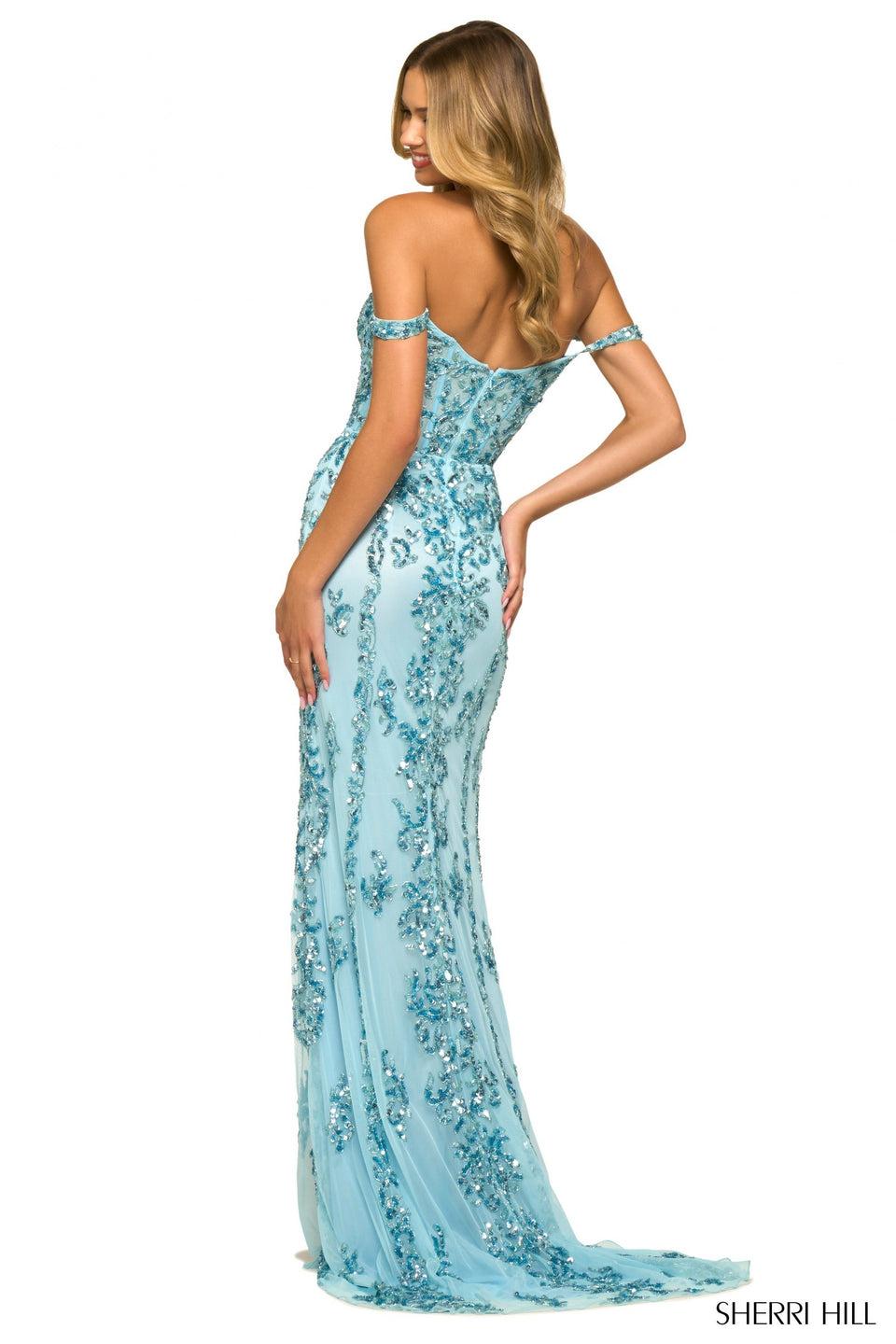 Sherri Hill Sequin Embellished Gown With Corset Top Off The Shoulder Sleeves And Slit
