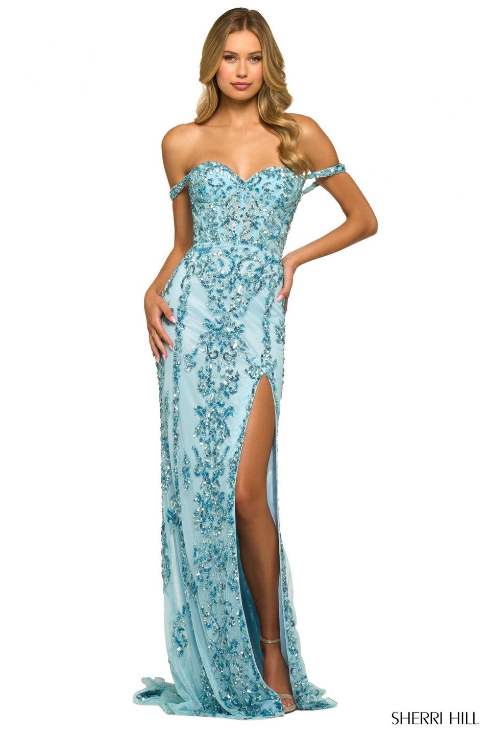 sherri hill Sequin embellished gown with corset top off the shoulder sleeves and slit