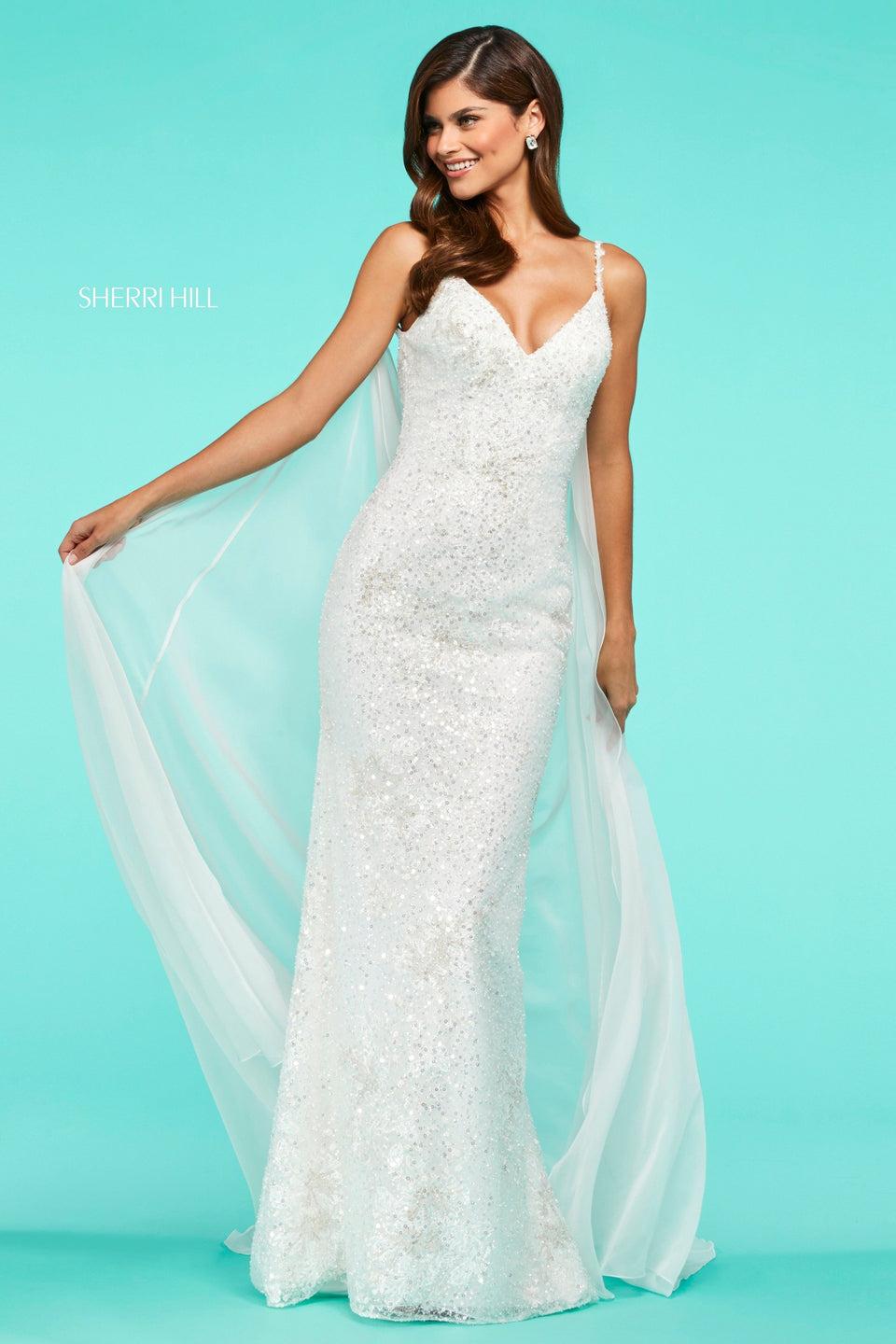 Sherri Hill Sequin Fitted Dress With V Neckline And Chiffon Cape Train